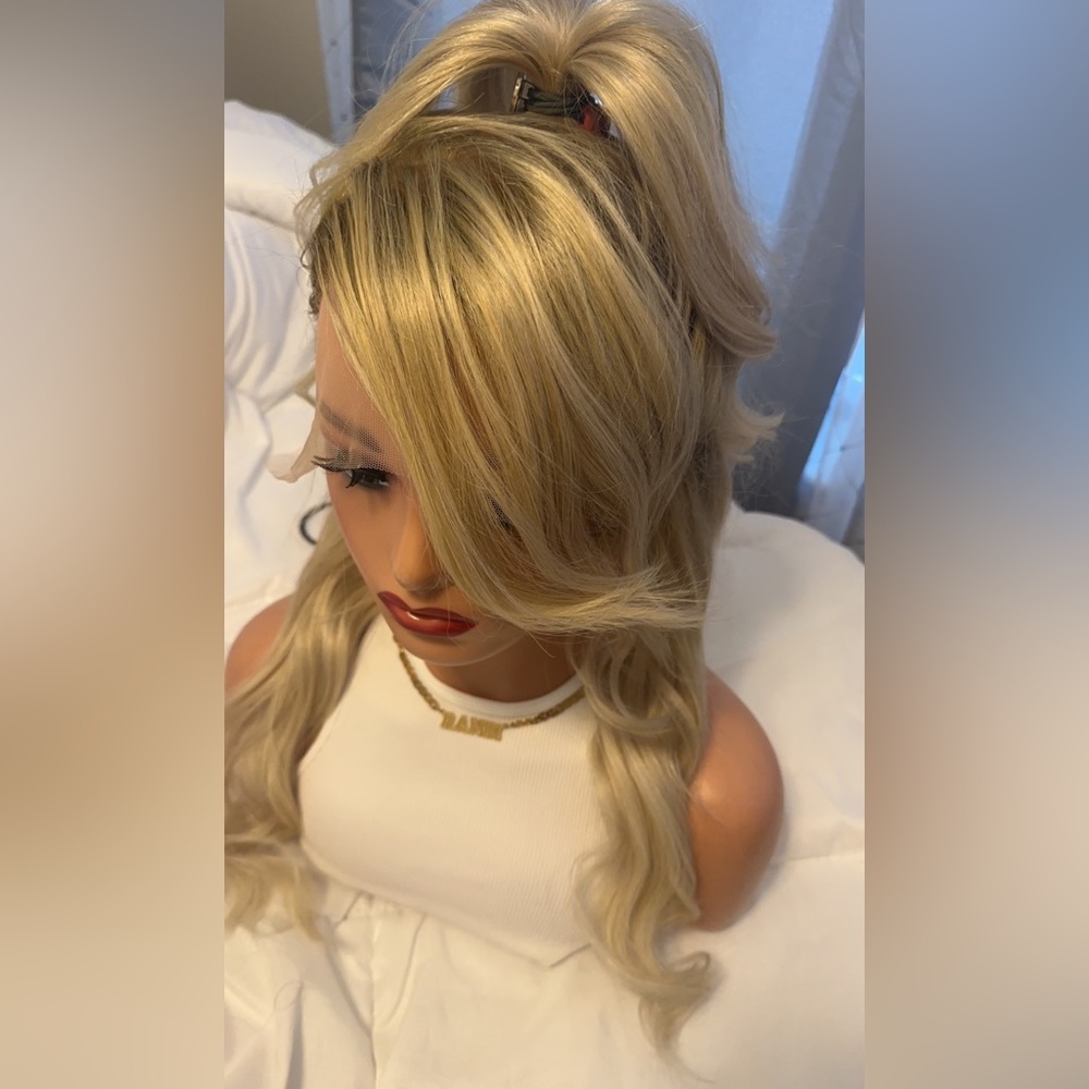 Dark root Blonde Human Hair Wig - Picture 6 of 12